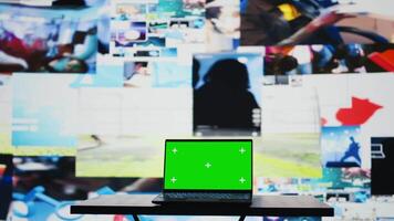 PC screen shows copy space next to social media user interface platforms, visual representation of global communication and the modern world. Empty space for online connection. Camera B. video