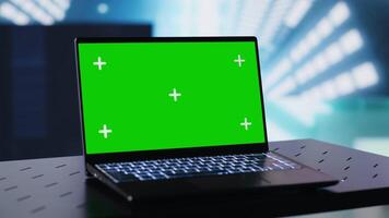 Wireless pc running chroma key display surrounded by colorful visual art clips, glowing in the dark and showcasing a clubbing atmosphere. Nightlife ambiance with urban lights and vibes. Camera A. video
