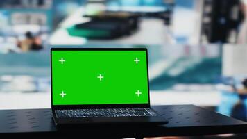 High tech military control center with a laptop showcasing isolated display, armed forces tactics and satellite surveillance used to gather data for war planning. Global operations. Camera A. video