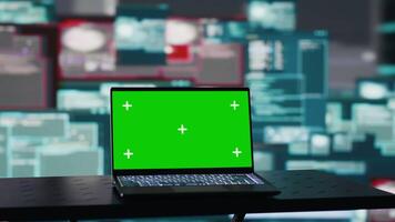 Empty space with mockup screen on pc used to initiate a cyber intrusion, compromising IT security through coding, identity theft and encryption bypass. Trigger alarms for threat detection. Camera A. video