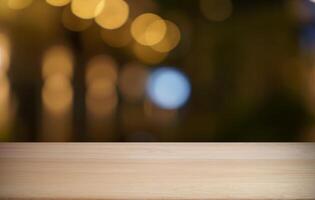 Empty wood table top blur restaurant background selective focus product display photo