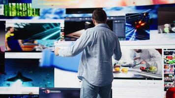 E commerce expert connecting on social media web platforms, networking creativity and online engagement in a digital world powered by mobile phone connection. digitalization. Camera B. video