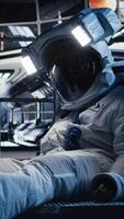 Vertical Researchers brainstorm how to evaluate planets habitability factors during mankind survival expedition. Astronauts doing human expansion in space mission, supporting future colonization, camera A video