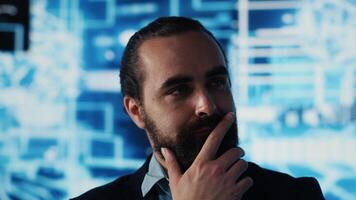 IT male expert implementing new digital AI neural networks for deep learning and web virtual assistant, ensuring smart tech innovation and future growth strategy for business. Camera A. video