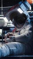 Vertical Astronaut looks at interface showing orbital path, chatting with colleague during space mission. Teamworking cosmonauts troubleshooting hardware during mankind survival expedition, camera A video