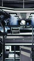 Vertical Laptop in orbit shuttle showing dashboard tracking thermal stability and core performance during flight. Notebook display presenting key spaceship engine readouts analytics video