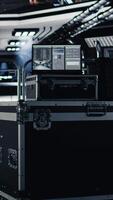 Vertical Close up of isolated screen inside futuristic spacecraft bay used for running telemetry software. Chroma key display used for reviewing space station onboard analytics video