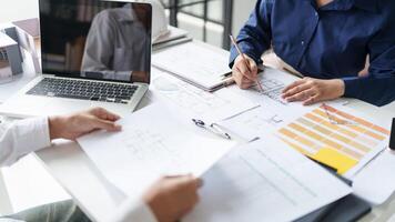 Architecture drawing architectural project business architecture building construction Colleagues designer Planning Design on blueprint and compasses photo