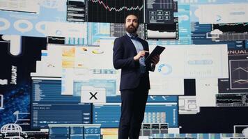 High end executive officer thinking about new powerful ideas for company profit growth, using analytics reports and KPI projections to ensure fruitful decision making. Forecasting. Camera B. video
