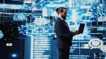 Businessman exploring deep learning and big data connectivity in high tech environment, exploring futurist concepts and programming with smart tools for intelligent development. Camera B. video