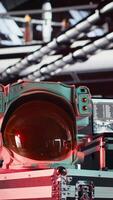 Vertical Close up of isolated screen monitor inside futuristic spacecraft bay used for running telemetry software. Chroma key display used for reviewing space station onboard analytics video