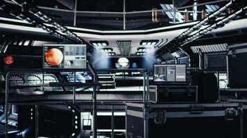 Laptop in orbit shuttle showing dashboard tracking thermal stability and core performance during orbital flight. Notebook display presenting key spaceship engine readouts analytics video