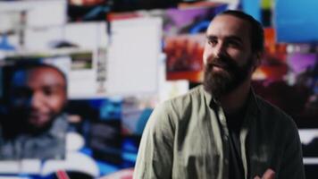 Social media influencer uses innovation and tech tools to boost engagement, being confident and proud about establishing a unique brand voice across platforms. Multitasking. Camera A. video