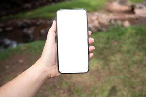 Smart phone mockup. Women hands holding cell telephone blank copy space screen smartphone blank white screen isolated technology photo