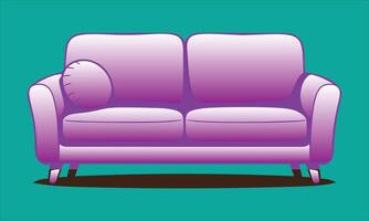 Modern two seater sofa illustration in pastel pink with a round cushion on a green background vector