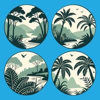 Collection of flat jungle landscape illustrations in circular frames with greenery and palm trees vector