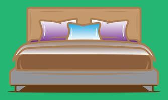 illustration of a modern bed with pillows and bedding on a green background. vector
