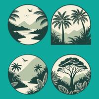 Serene tropical landscapes with palm trees and rivers in circular and arched frames vector