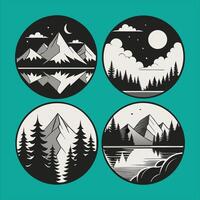Four circular illustrations of mountain landscapes featuring pine trees and nature scenes vector