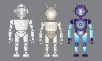 Three stylized robots featuring various colors representing technology and futuristic concepts. vector