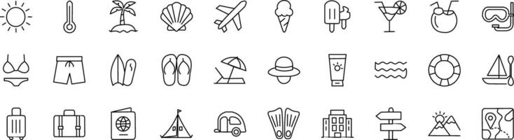 set of 30 outline icons, sign, symbol, button related to vacation vector