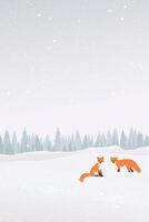 Snawfall in minimalist snowscape with two foxes have pine forest far away vertical template graphic illustration. vector