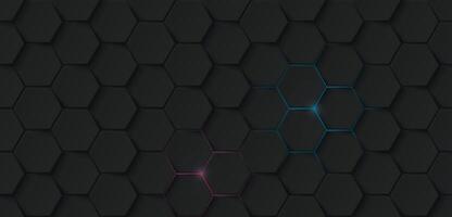 Abstract 3D black hexagonal pattern with a small pink and blue light glowing out from the back graphic illustration. vector