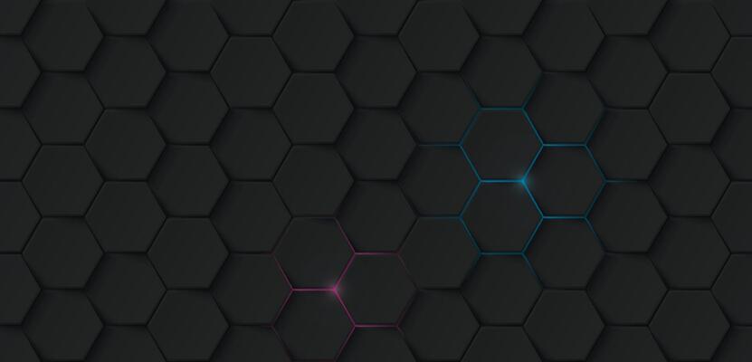 Abstract 3D black hexagonal pattern with a small pink and blue light glowing out from the back graphic illustration.