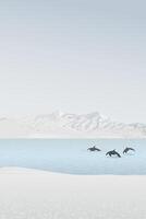 A pod of killer whales swims in the middle of the sea in winter with mountain ranges in the distance have dusk sky background graphic illustration. vector