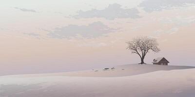 Silhouette deciduous tree and country house on the hill in the middle of dried land with vanilla sky background graphic illustration have blank space. vector