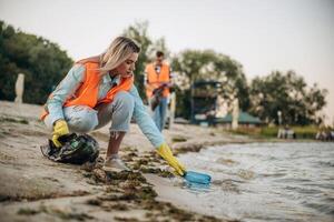 Picking bottle, from, the water. A volunteers collects garbage on a muddy beach photo