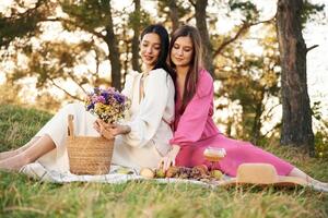 Fruits, flowers and ,,glasses of drink. Lesbian couple is together on the picnic in nature photo