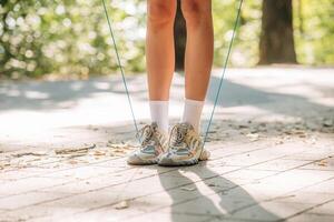 Legs, of young woman that is using jumping rope. Outdoors, sunlight, close up view photo