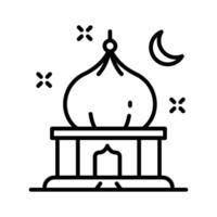 Linear style icon showing mosque building with moon on top. vector