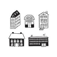 Building illustrations. A selection of five individual vectors hand drawn in black.