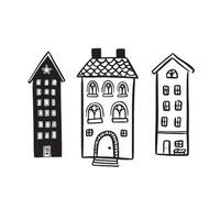Building illustrations. A selection of three individual vectors hand drawn in black.