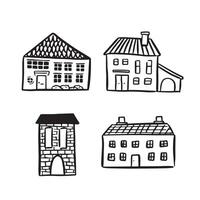 A bundle of four line drawn houses as vectors in black and white.