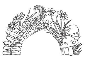 Magic forest frame with flowers, fern and mushrooms. Coloring book vector