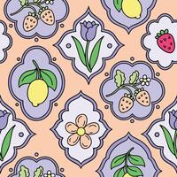 Seamless pattern with flowers and berries in different frame shapes. Graphics, cartoon vector