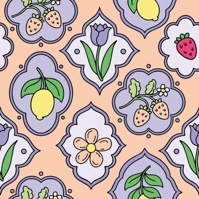 Seamless pattern with flowers and berries in different frame shapes. Graphics, cartoon