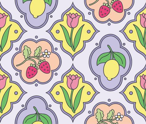 Seamless pattern with flowers and berries in different frame shapes.