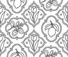 Coloring book. Seamless pattern with flowers and berries in different frame shapes. Graphics, cartoon vector