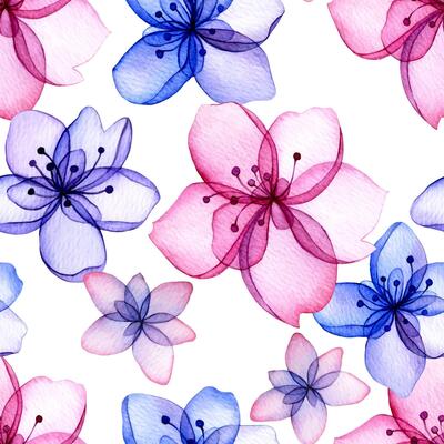 Seamless pattern of watercolor transparent flowers. Abstract flowers and leaves in delicate pink and blue colors