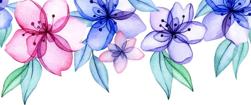 seamless border of watercolor transparent flowers. abstract flowers and leaves in delicate pink and blue