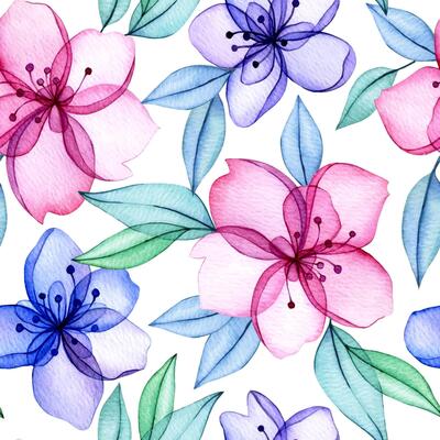 Seamless pattern of watercolor transparent flowers. Abstract flowers and leaves