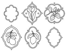 Coloring book. Set of frames of different shapes with flowers, berries and lemons. Graphics, cartoon vector