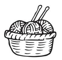 basket with balls of yarn and knitting needles. simple doodle illustration vector
