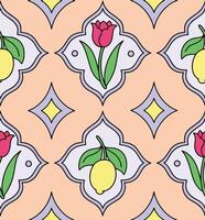 Seamless pattern with flowers and lemons in different frame shapes. Graphics, cartoon vector