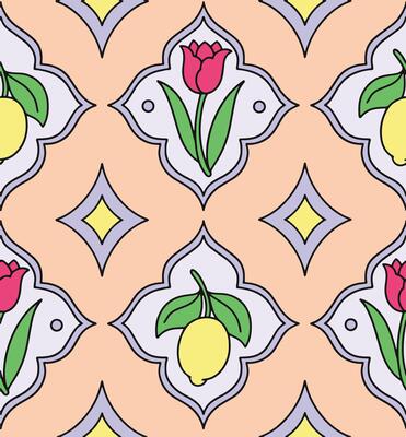 Seamless pattern with flowers and lemons in different frame shapes. Graphics, cartoon