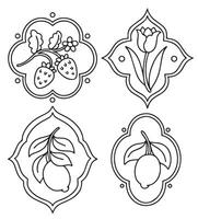 Coloring book. Set of frames of different shapes with flowers, berries and lemons. vector